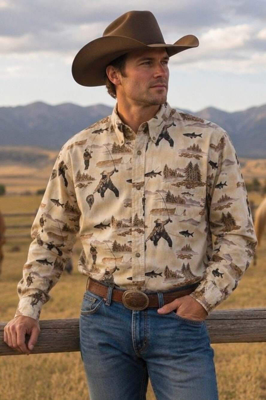 Cabela's Fly Fishing Novelty Print Button Down Shirt Mens M Tall
